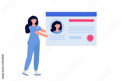 Doctor character hold license or certificate.  Vector illustration.