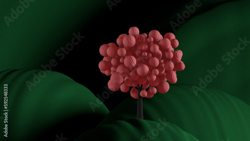 Abstract picture with green hills and single fantasy tree with corral color crown. 3d render, 3d illustration.