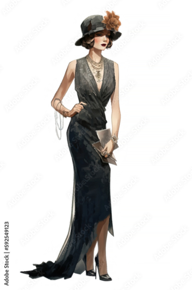 Full length portrait of lady in 1920s fashion wearing a hat. AI generative illustration in a watercolor style isolated on a white background Full length portrait of lady in 1920s fashion wearing a hat. AI generative illustration in a watercolor style isolated on a white background