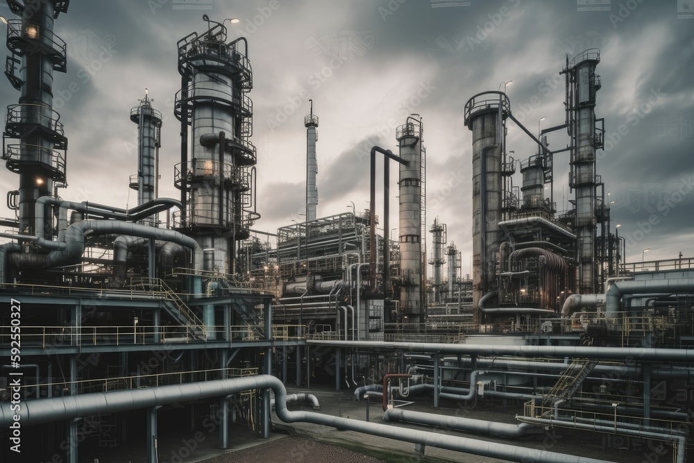 refinery, with complex network of pipes and machinery extracting ...
