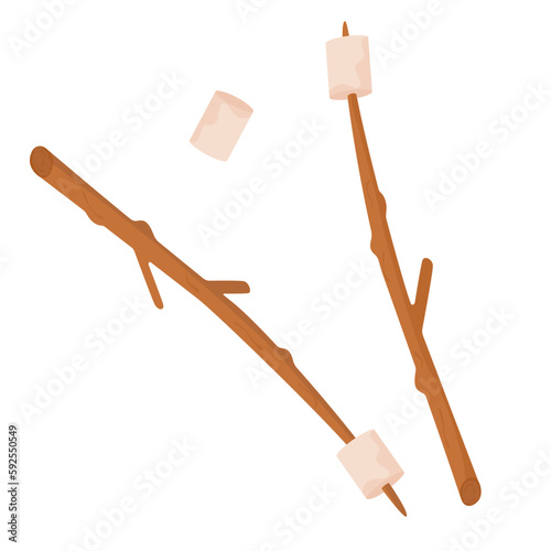 Picnic, hiking, camping, hiking. Marshmallows on sticks for baking over a fire. Vector illustration in the flat style. Isolated on a white background.