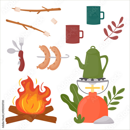 Camping kit. Gas stove with coffee kettle. The burner.  Campfire, bonfire with burning logs and a blazing hot red-yellow flame. Portable cutlery set - knife, spoon, fork, opener. Mug, cup. Isolated.