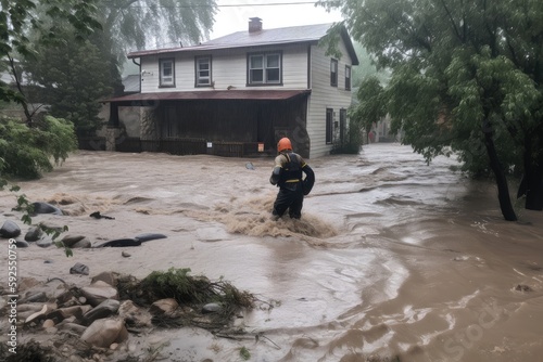 flash flood rescuer wading through rushing water, with person trapped on nearby roof, created with generative ai