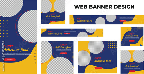 set of modern food web banners in standard size with a place for photos. Food ad banner cover header background for website design, Social media cover ads banner template.