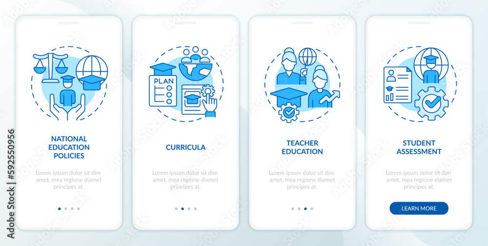 GCED mainstreaming blue onboarding mobile app screen. Equality walkthrough 4 steps editable graphic instructions with linear concepts. UI, UX, GUI template. Myriad Pro-Bold, Regular fonts used