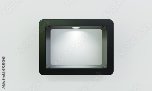 Empty black rounded rectangular shelf or niche on white wall with led spotlight 3D mockup. Shop, gallery plastic or wooden showcase to present product. Blank retail storage space. Interior bookshelf