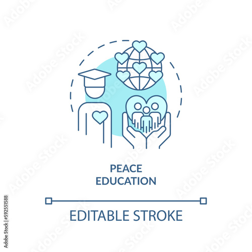 Peace education turquoise concept icon. Peaceful global community. Peacebuilding abstract idea thin line illustration. Isolated outline drawing. Editable stroke. Arial, Myriad Pro-Bold fonts used photo