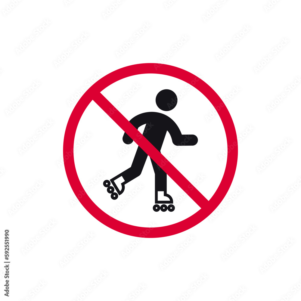 No roller skating prohibited sign, no inline skates forbidden modern round sticker, vector illustration. No roller skating prohibited sign, no inline skates forbidden modern round sticker, vector illustration.