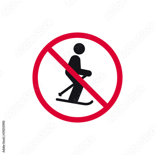 No skiing prohibited sign, no skis forbidden modern round sticker, vector illustration.