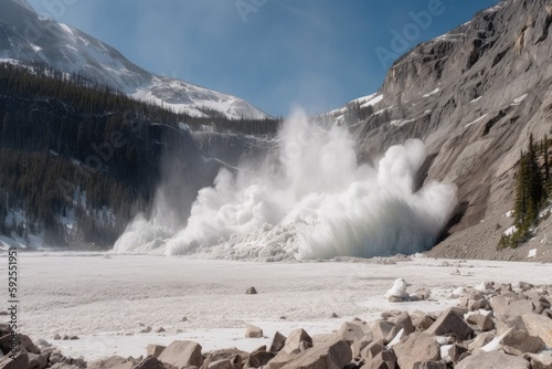 avalanche of snow and ice tumbling down mountain, with frozen lake visible in the background, created with generative ai photo