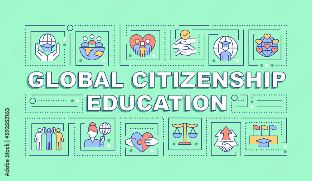 Global citizenship education word concepts green banner. Civic learning. Infographics with editable icons on color background. Isolated typography. Vector illustration with text. Arial-Black font used