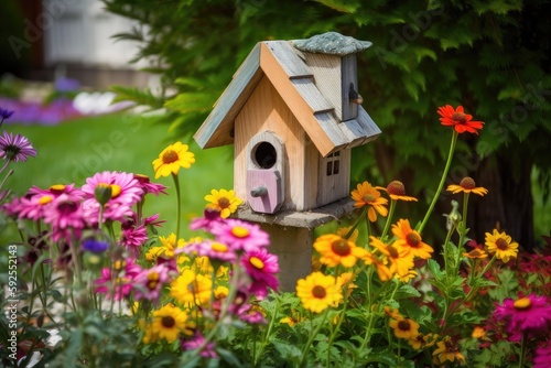 Fotografia birdhouse garden with colorful flowers and natural setting, created with generat