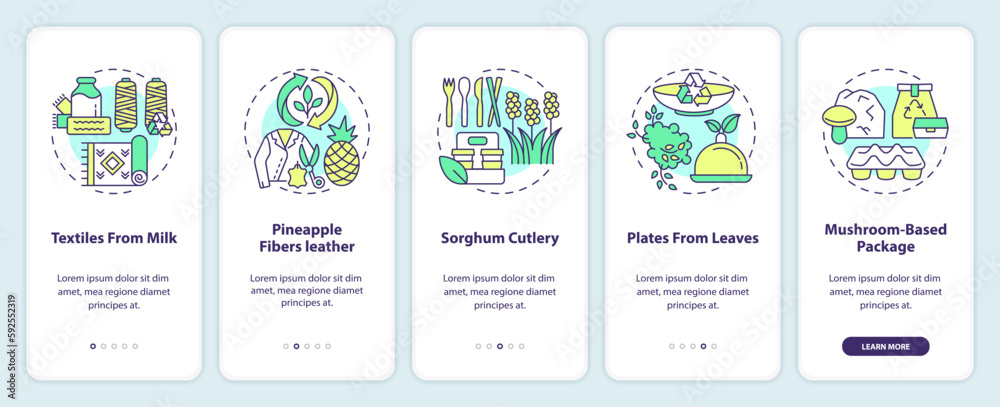 Bio based materials examples onboarding mobile app screen. Walkthrough 5 steps editable graphic instructions with linear concepts. UI, UX, GUI template. Myriad Pro-Bold, Regular fonts used