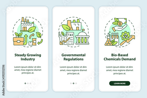 Bio based materials future onboarding mobile app screen. Bioeconomics walkthrough 3 steps editable graphic instructions with linear concepts. UI, UX, GUI template. Myriad Pro-Bold, Regular fonts used photo