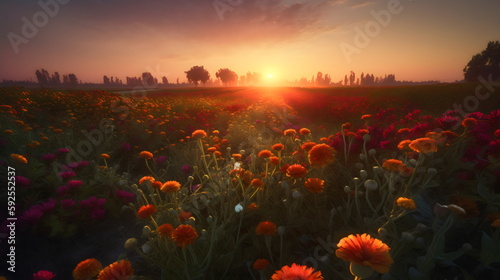 golden morning in the flower fields: a realistic view of blooming flowers in a picturesque landscape, captured with a macro lens and soft light. generative ai