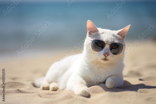 Cat with Sunglasses relaxing on the Beach, generative AI