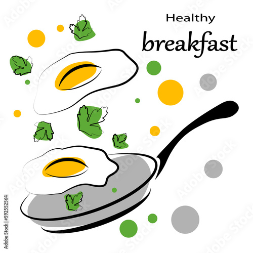 The fried egg flies over the pan. Healthy breakfast. Doodles illustration