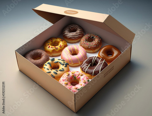 Box of a dozen doughnuts Six fancy donuts in a box. Variety of icing, drizzle, and toppin Generative AI photo