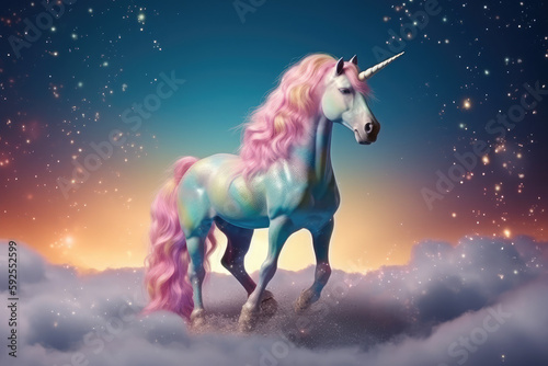 Cute baby Unicorn  Magic Baby Rainbow Horse surrounded by sparkles and glitter  generative AI