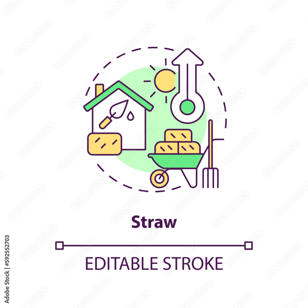 Straw concept icon. Recyclable material. Compressed blocks. Eco friendly. Natural building idea thin line illustration. Isolated outline drawing. Editable stroke. Arial, Myriad Pro-Bold fonts used