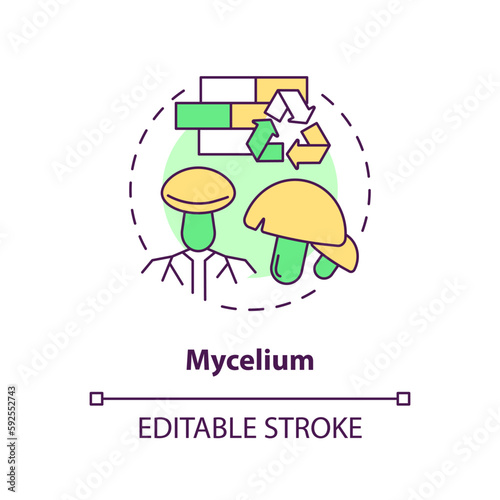Mycelium concept icon. Organic material. Sustainable architecture. Mushroom building idea thin line illustration. Isolated outline drawing. Editable stroke. Arial, Myriad Pro-Bold fonts used