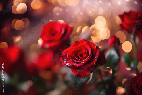 love red roses  abstract defocused with red hearts  bokeh lights  glitters  background  generative AI