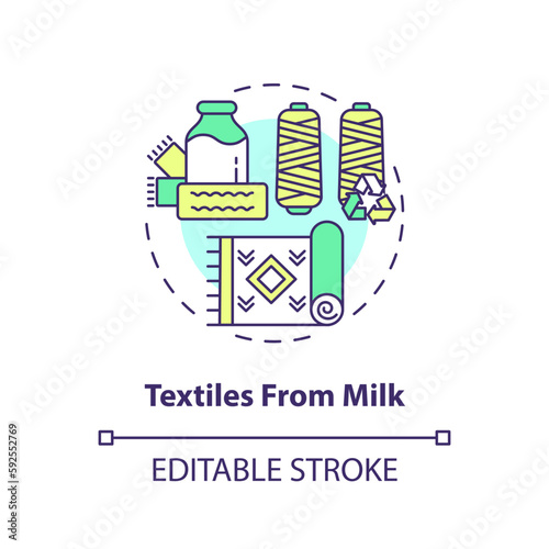 Textiles from milk concept icon. Casein protein. Sustainable fashion. Eco friendly fiber idea thin line illustration. Isolated outline drawing. Editable stroke. Arial, Myriad Pro-Bold fonts used