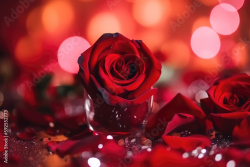 love red roses  abstract defocused with red hearts  bokeh lights  glitters  background  generative AI