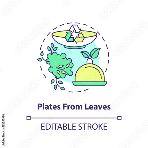 Plates from leaves concept icon. Recyclable food packaging. Zero waste. Disposable tableware idea thin line illustration. Isolated outline drawing. Editable stroke. Arial, Myriad Pro-Bold fonts used