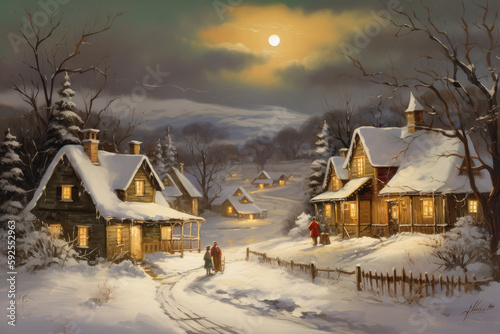 winter christmas evening in the village painting, generative AI