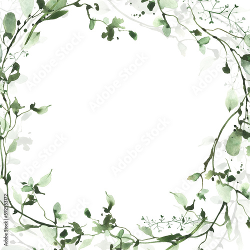 Watercolor greenery frame on white background. Wild green, emerald branches, leaves and twigs wreath.