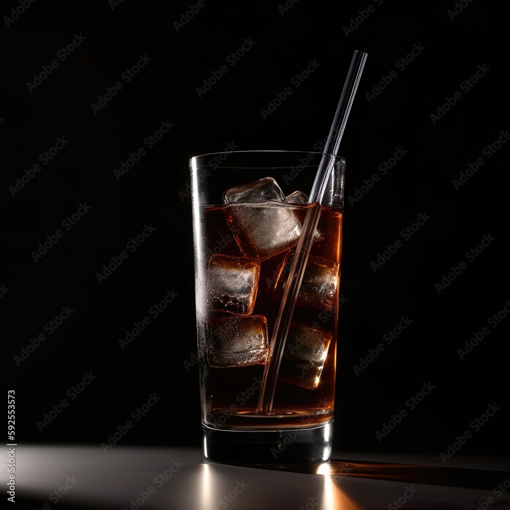 A stylish, minimalist photograph of a tall, slender glass filled with cola, ice cubes, and a straw, set against a clean, transparent background. - Generative AI A stylish, minimalist photograph of a tall, slender glass filled with cola, ice cubes, and a straw, set against a clean, transparent background. - Generative AI