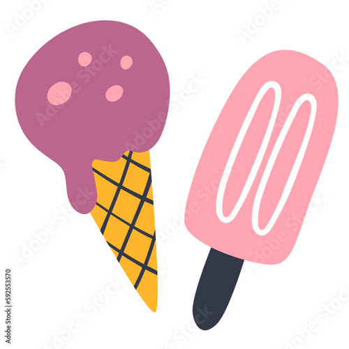 Ice cream cone and popsicle. Hand-drawn style.