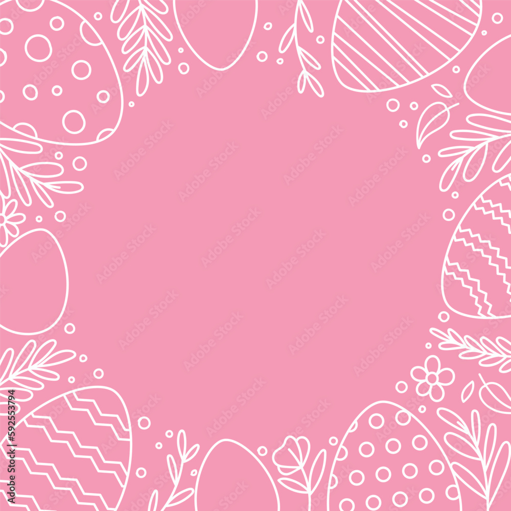Easter round frame with contour flowers and eggs. Template for your design on pink background