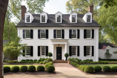 colonial house exterior with painted white trim and black shutters, created with generative ai photo