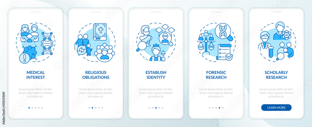 Genealogical research motivation blue onboarding mobile app screen. Walkthrough 5 steps editable graphic instructions with linear concepts. UI, UX, GUI template. Myriad Pro-Bold, Regular fonts used