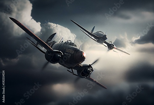 Fotografering 3d rendering of two world war two airplanes flying together in the clouds