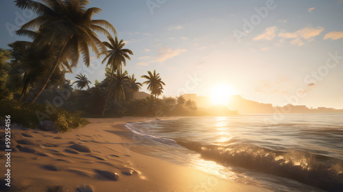 golden hour beach  serene tropical morning with warm sunrise  gentle waves  swaying palm trees. Wide-angle lens captures vastness and spreading sun rays. generative ai
