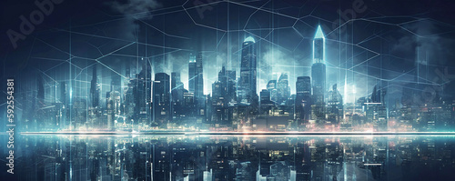 Future cyber technology city , 5G Smart city. Digital transformation, cityscape and communication network concept, internet and global connection, Generative AI 