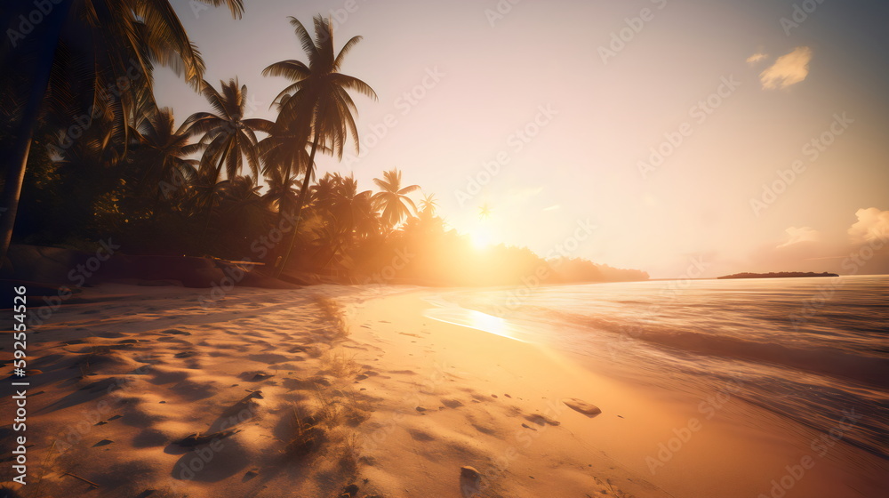 golden hour beach: serene tropical morning with warm sunrise, gentle waves, swaying palm trees. Wide-angle lens captures vastness and spreading sun rays. generative ai