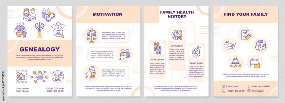 Genealogy orange brochure template. Family history. Leaflet design with linear icons. Editable 4 vector layouts for presentation, annual reports. Arial-Black, Myriad Pro-Regular fonts used