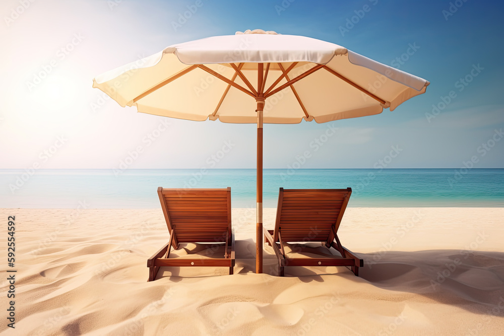Lounger and parasol on the beach with sea background. Gener