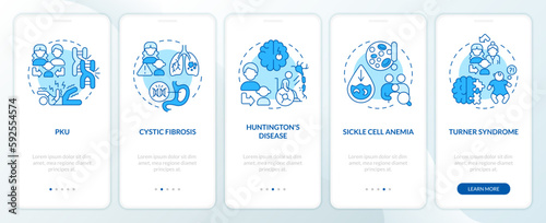 Hereditary diseases blue onboarding mobile app screen. Walkthrough 5 steps editable graphic instructions with linear concepts. UI, UX, GUI template. Myriad Pro-Bold, Regular fonts used