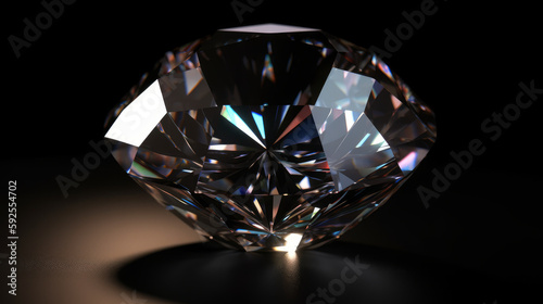 3D rendering illustration. Round cut diamond on black dark glossy background. AI generated