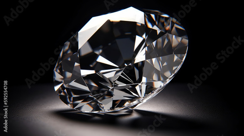 3D rendering illustration. Round cut diamond on black dark glossy background. AI generated