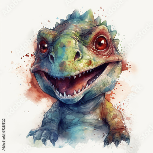 Watercolor peinting of a cute baby dinosaur on white background. Al generated
