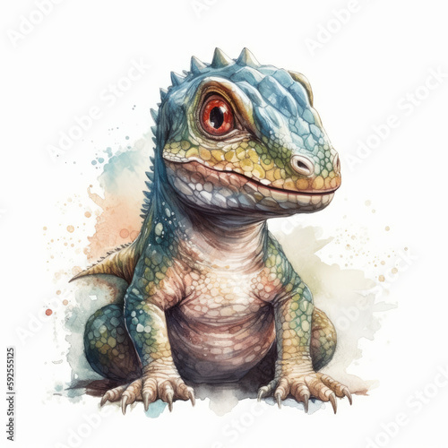 Watercolor peinting of a cute baby dinosaur on white background. Al generated