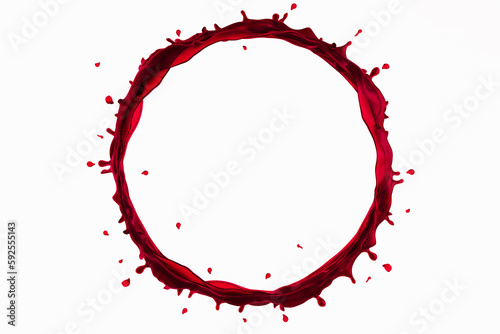 Splashes of red wine, juice or blood, liquid red drink, circle splash on isolated white 3D illustration