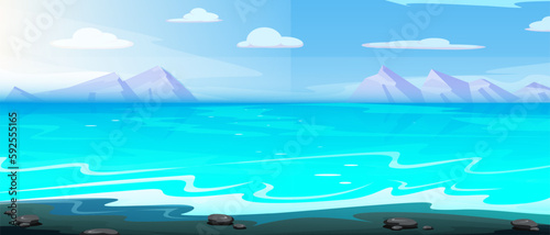 seashore in blue tones, calm sea, day, mountains covered with a light haze can be seen in the distance, blue sky with occasional white clouds