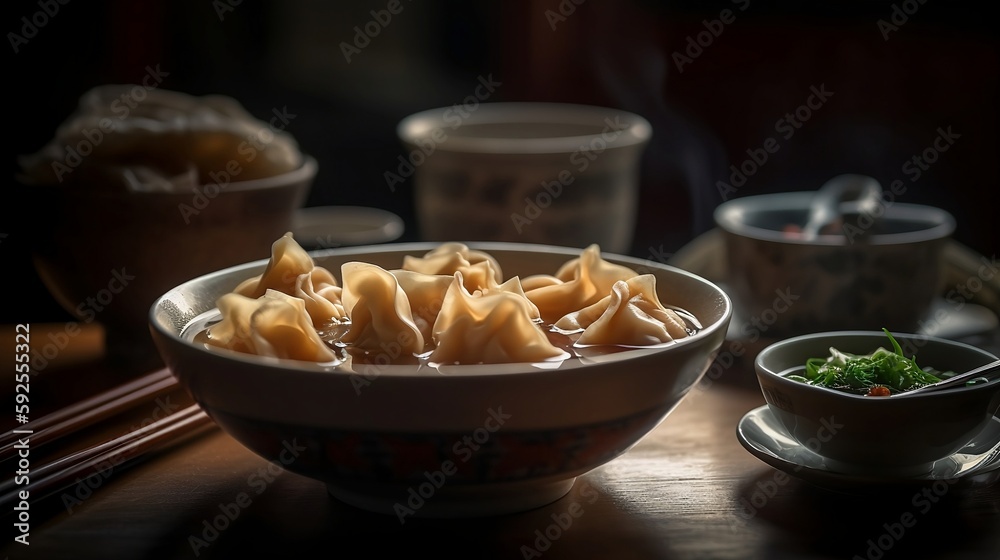 A vibrant bowl of delicious dumplings in soup (wonton) sits invitingly indoors, a perfect dish for healthy eating A vibrant bowl of delicious dumplings in soup (wonton) sits invitingly indoors, a perfect dish for healthy eating